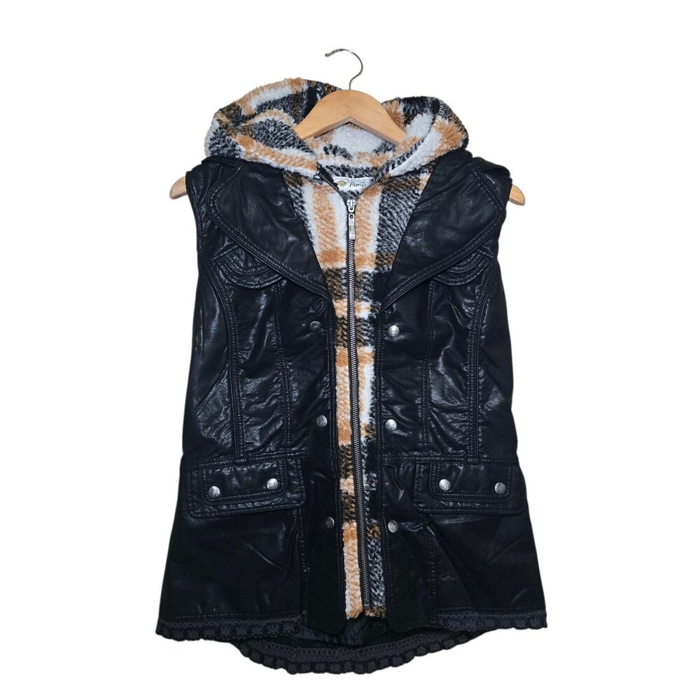 Montana Co. Women's Small Black Faux Leather Vest Sherpa Plaid Hood Zip-Up New